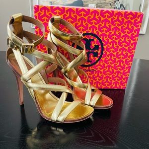 Tory Burch Gold Metallic Mirror Leather 20108605 Sandals 8.5